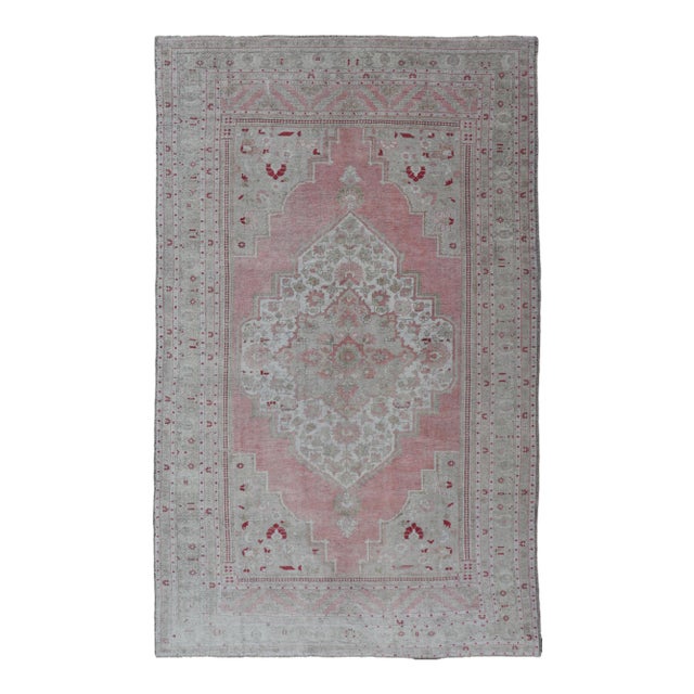 Turkish Vintage Oushak Rug With Geometric Design With a Soft Coral Color 7'8 X 13'5 For Sale