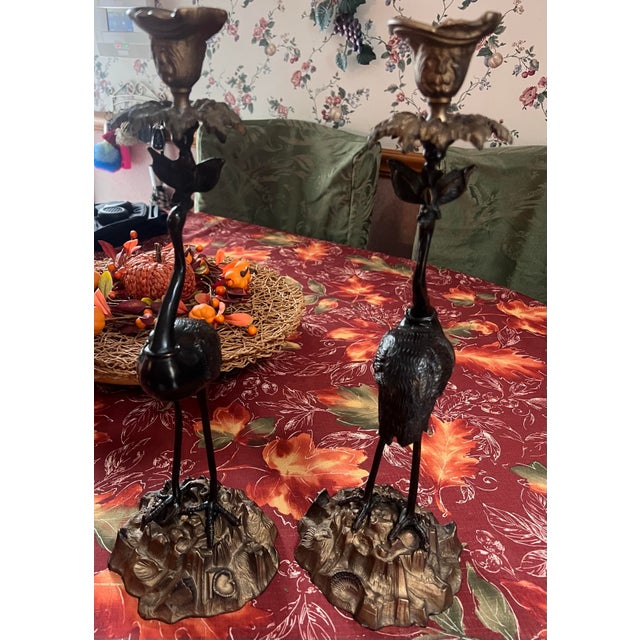 Japanese Pair of Reproduction Bronze Crane Candlesticks From the Japanese Meiji Period. For Sale - Image 3 of 3