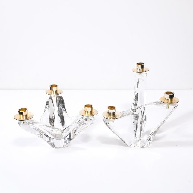 1950s Pair of Mid-Century Amorphic Crystal & Brass 3 Arm Candelabra Signed Schneider For Sale - Image 5 of 10