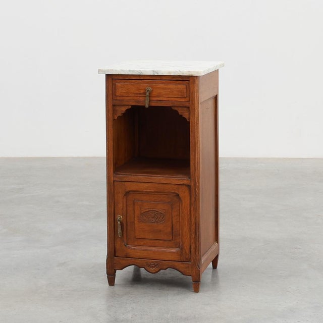 Art Deco Nightstand in Oak with Carrara Marble Top, France, 1920s For Sale - Image 11 of 11