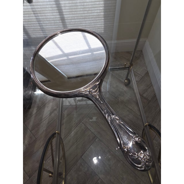 Glass Silverplated Hand Mirror Decorated With a Cherub For Sale - Image 7 of 10
