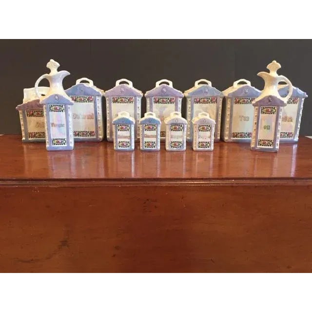 Lovely set of 12+ pieces of German opalescent glazed pottery. All are hallmarked Mepoco ware. This beautiful hand-painted...