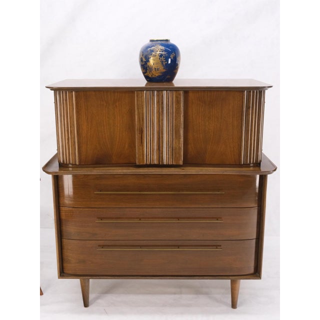 Light Walnut Bow Front Drawers Long Brass Pull Hardware Gentleman's Chest Mint For Sale - Image 10 of 18