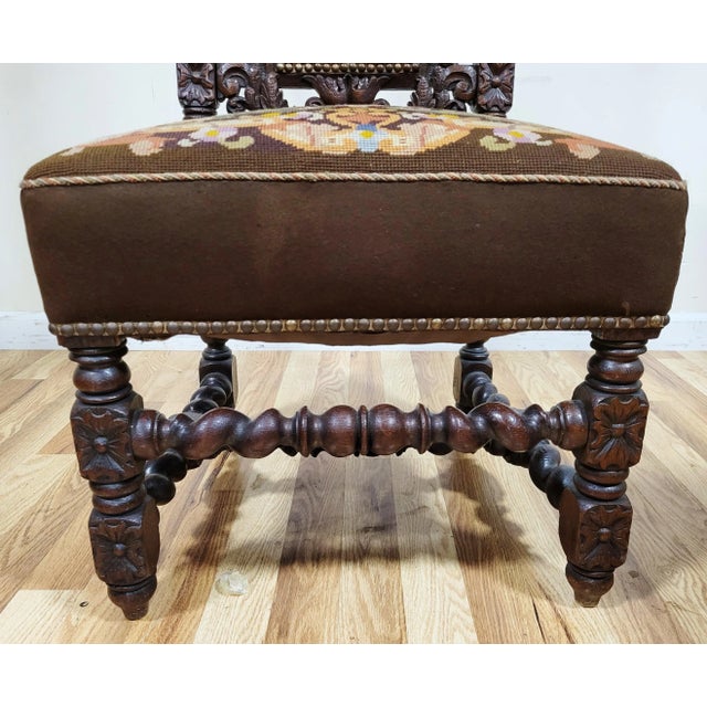 Antique French Renaissance Revival Jacobean Carved Needlepoint Chair For Sale - Image 14 of 14