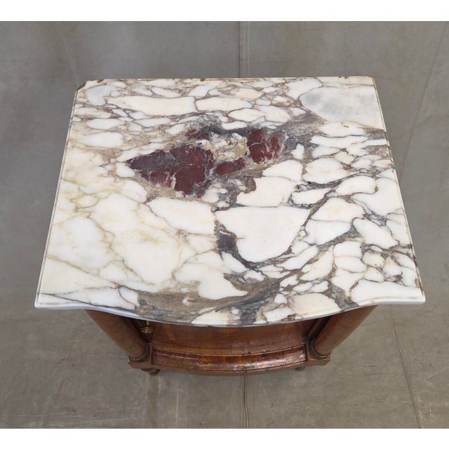 Antique French Art Nouveau Burl Marble Marquetry Nightstand With Bronze Ormolu For Sale In Denver - Image 6 of 14