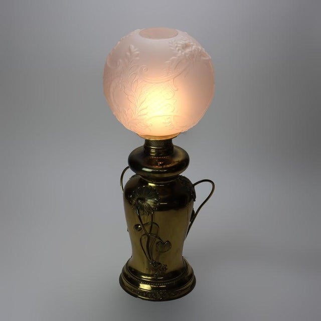Victorian Antique Abco Rochester Gone With the Wind Floral Embossed Brass Table Lamp C1880 For Sale - Image 3 of 12