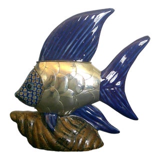 Integrated/Ceramic Pottery Fish Sculpture Brass Scale Armor Attributed to Sergio Bustamante For Sale