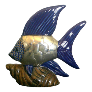 Integrated/Ceramic Pottery Fish Sculpture Brass Scale Armor Attributed to Sergio Bustamante