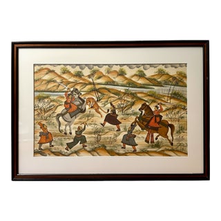 “Tiger Hunt” Mid Century Tempura on Silk Artist Unknown For Sale