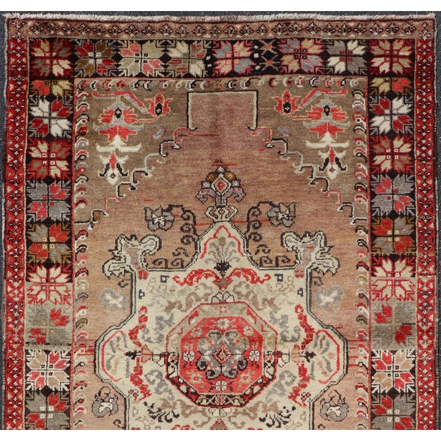 Mid 20th Century Vintage Turkish Oushak Floral Medallion Design in Camel, Black, Red, Gray & Tan For Sale - Image 5 of 14