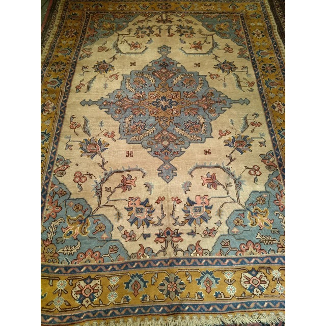 Early 20th Century Vintage Turkish Oushak Rug, Handwoven Geometric Pattern, Ivory & Blue, 8' x 11' For Sale - Image 5 of 18