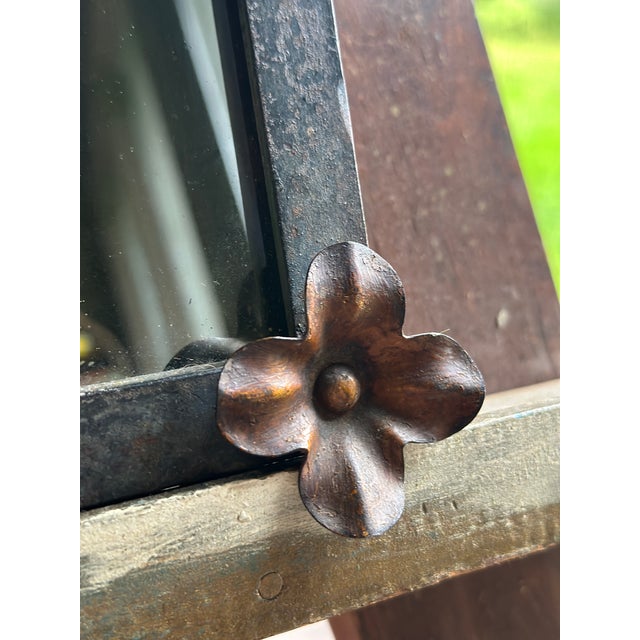 Art Nouveau French Style Cast Iron Wall Mirror With Applied Brass Rosettes & Beveled Etched Glass For Sale - Image 4 of 12