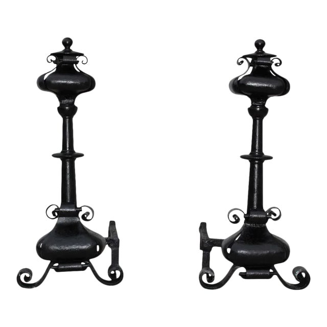 1940s Scrolled Iron Oversize Andirons - a Pair For Sale