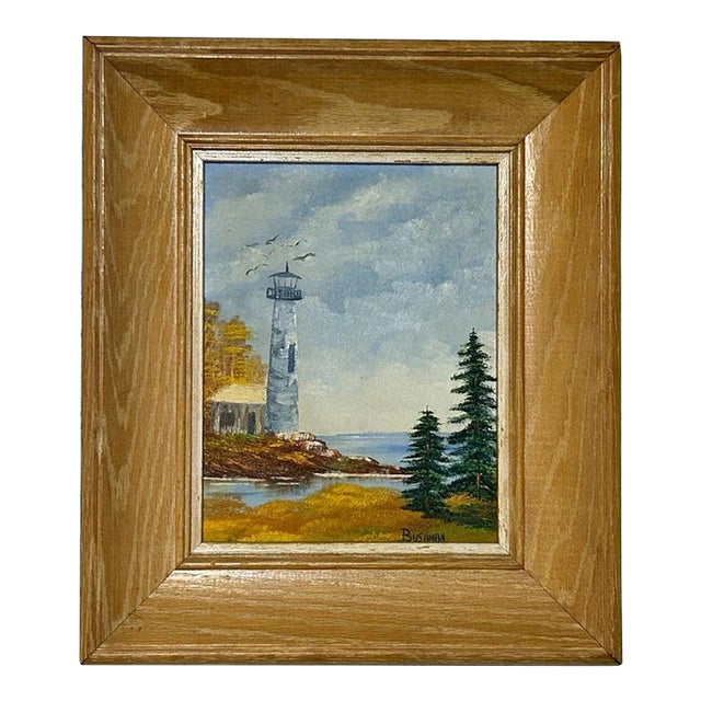 Vintage Lighthouse Coastal Seascape Framed Oil Painting on Masonite Board Signed Bushman For Sale
