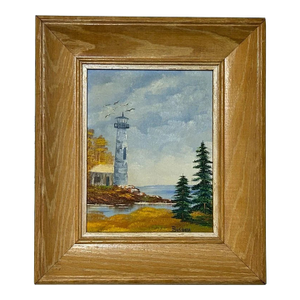 Vintage Lighthouse Coastal Seascape Framed Oil Painting on Masonite Board Signed Bushman
