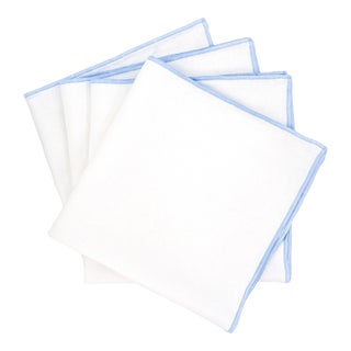 White Linen Napkins With Baby Blue Satin Stitch Edges, Set of 4 For Sale