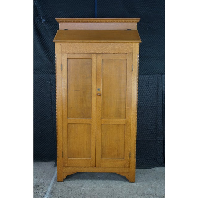 Antique American Victorian Slant Front Cabinet Bookcase Linen Press Wardrobe 75" For Sale - Image 4 of 13