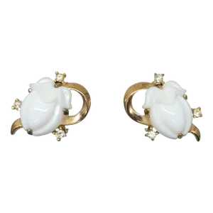 Vintage Signed Crown Trifari Goldtone White Acorn Tutti Frutti Clip Earrings - 2 Pieces