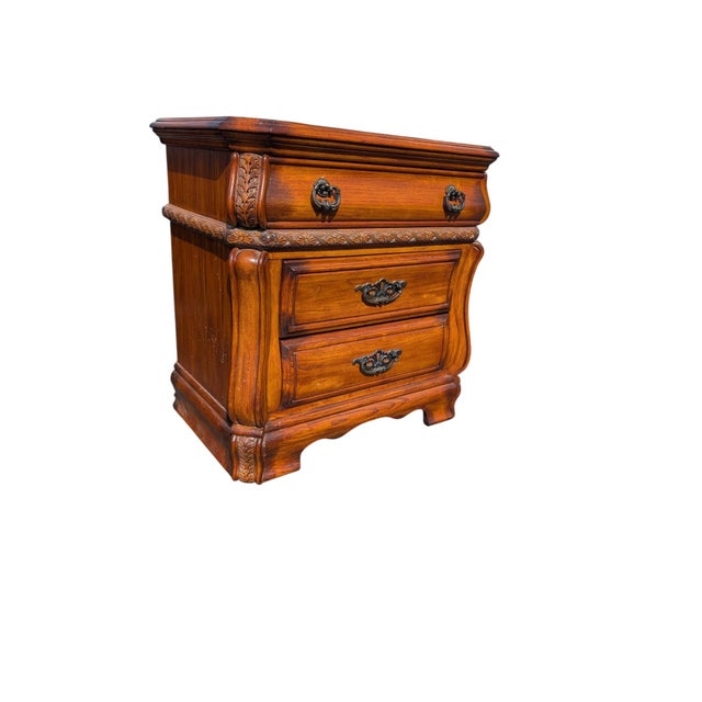 Late 20th Century Late 20th Century French Provincial Wood Nightstand Set of 2 Carved Two Drawer Brown For Sale - Image 5 of 7