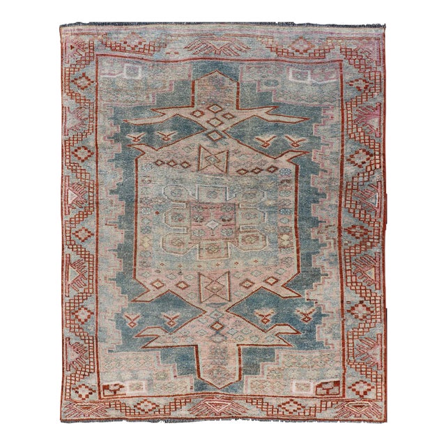 Persian Kurdish Antique Rug With Tribal Design in Light Blue, Teal, Taupe & Red 4'6"x5'10" For Sale