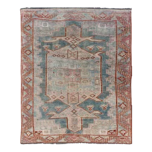 Persian Kurdish Antique Rug With Tribal Design in Light Blue, Teal, Taupe & Red 4'6"x5'10"