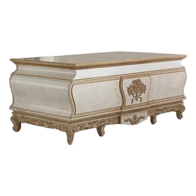 Italian-Inspired White & Gold Carved Writing Desk With 3 Drawers For Sale