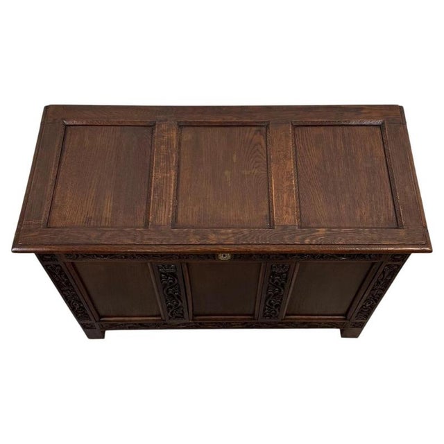 Wood 19th Century English Carved Oak Coffer For Sale - Image 7 of 11
