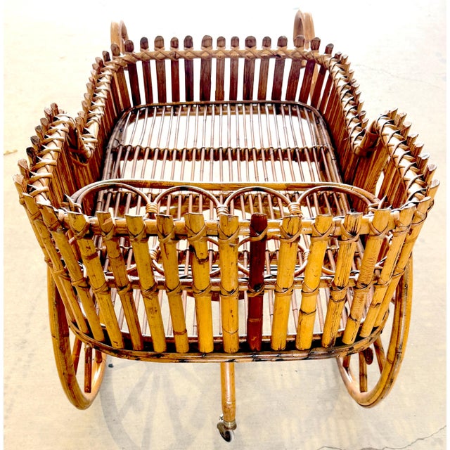 French Modernist Rattan Bar or Flower Cart with Bottle Holders For Sale - Image 13 of 18