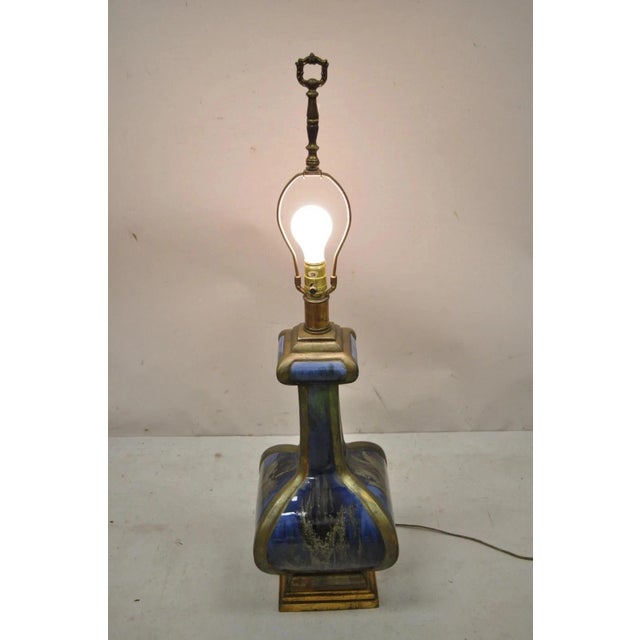 Vintage Mid Century Modern Blue Drip Glazed Sculpted Ceramic Pottery Table Lamp For Sale - Image 10 of 11