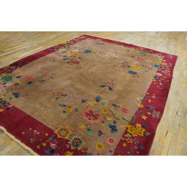 1920s Tan Ecru Floral Shah Abbas Antique Chinese Art Deco Wool Rug 8'8''x 11'6'' For Sale - Image 10 of 10