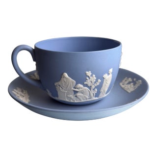 1970s Wedgwood Jasperware Tea Cup and Saucer in a Pale Blue Colorway For Sale