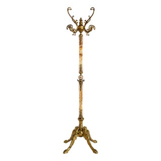 Vintage Italian Brass and Onyx Hall Tree Coat Rack with Rotating Crown and Female Faces, 1960s For Sale