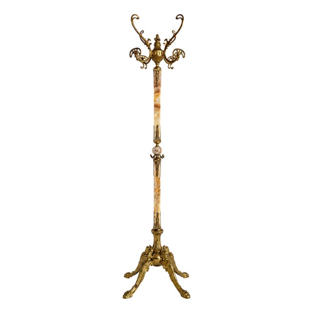 Vintage Italian Brass and Onyx Hall Tree Coat Rack with Rotating Crown and Female Faces, 1960s For Sale