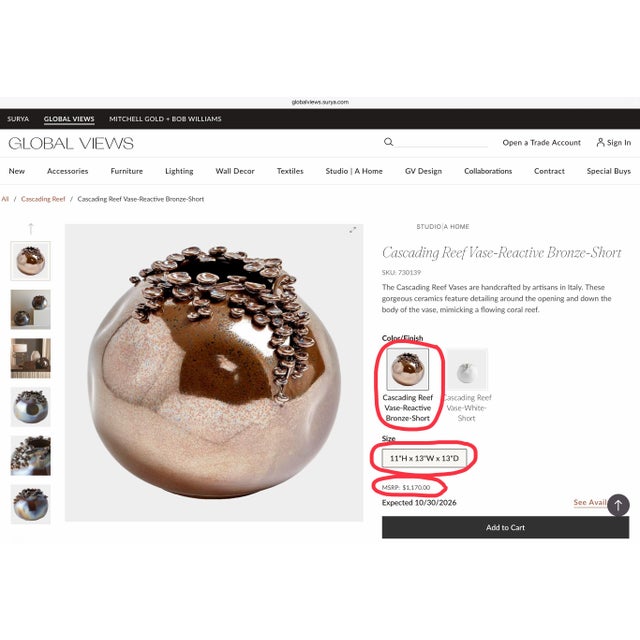Cascading Reef Reactive Bronze Short Ceramic Vase From Studio a Home by Global Views – Made in Italy For Sale - Image 9 of 10
