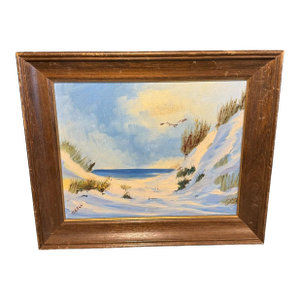 Late 20th Century Cape Cod Sand Dunes – Original Oil Painting Signed J. Dell, 17″ × 14″ (Framed)