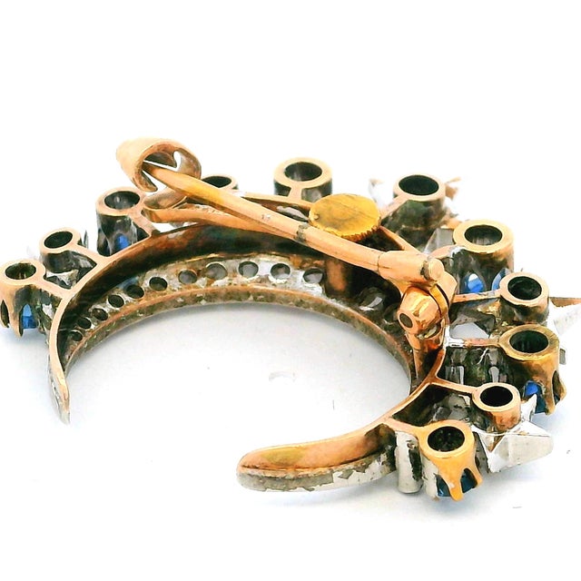 Victorian Diamond & Sapphire Crescent Moon Brooch in 18K Gold and Platinum For Sale - Image 15 of 16