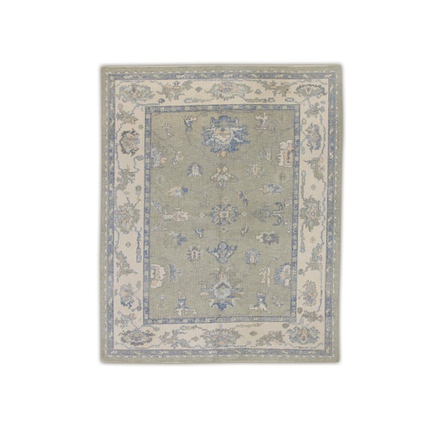 Olive Turkish Oushak Rug Olive Green & Soft Blue Handwoven Wool Rug 7'9" X 10'1" For Sale - Image 8 of 8