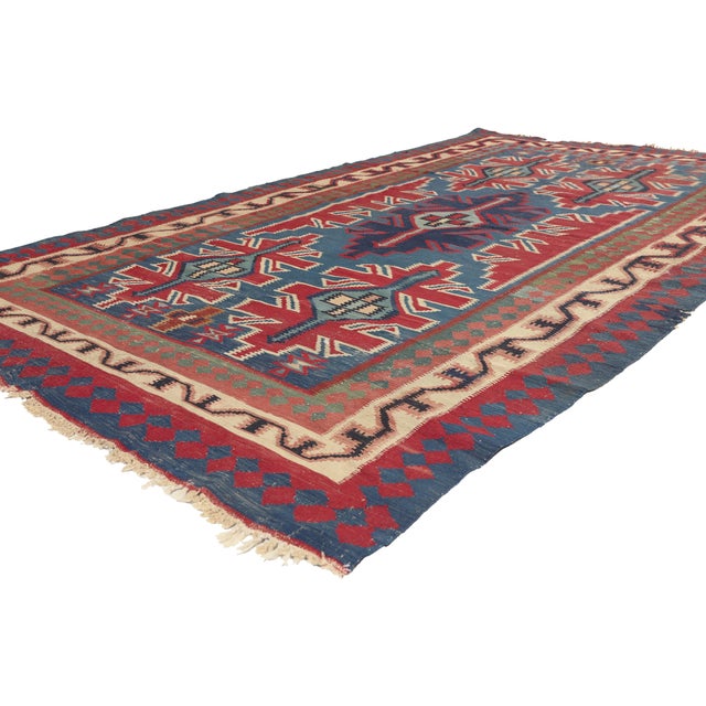 77646 Vintage Persian Shiraz Kilim Rug, 05'07 x 08'07. The Nomadic Cipher: A Vintage Persian Shiraz Kilim Masterpiece of...
