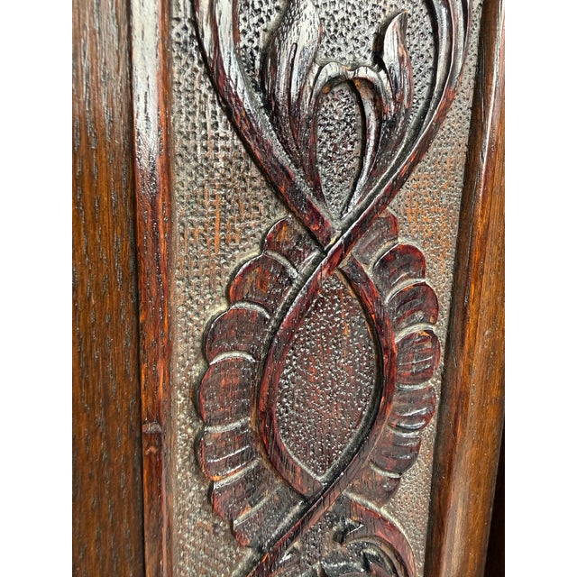1900 - 1909 Vintage Gothic Revival Oak Hall Chair With Carved Back and Casters For Sale - Image 5 of 12