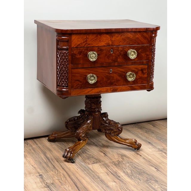 Traditional Antique Federal Period Mahogany Work Table With Pineapple Carved Pillars C. 1840 For Sale - Image 3 of 11