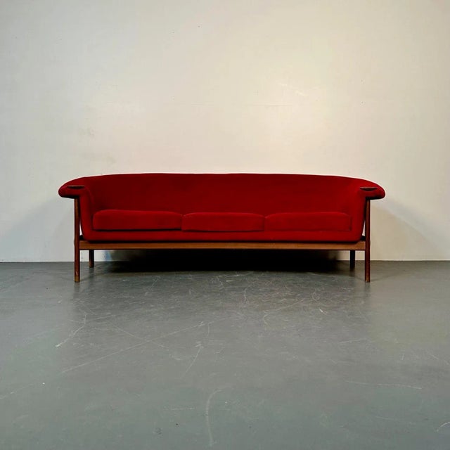 Red Curved Danish Mid-Century Modern Three Seater Sofa by Johannes Andersen, Walnut For Sale - Image 8 of 13