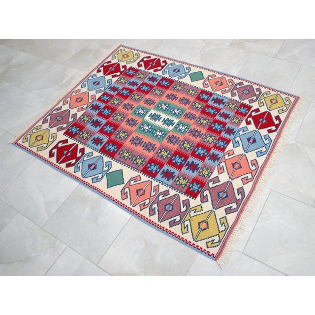 1980s Vintage Turkish Rug Hand Woven Colorful Area Rug Oushak Kilim - 4'4" X 5'2" For Sale - Image 4 of 8