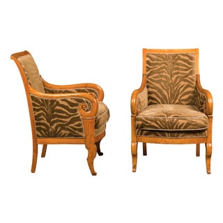 French Walnut 19th Century Bergère Chairs with Carved Arms and Zebra Upholstery For Sale