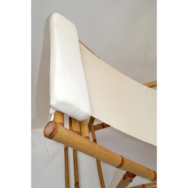 1970s Bamboo, Brass, and Linen Folding Lounge Chairs - A Pair For Sale - Image 4 of 7