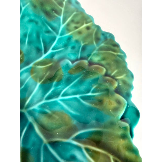 1960s Vintage Portuguese Majolica Turquoise Leaf Plate For Sale - Image 5 of 11