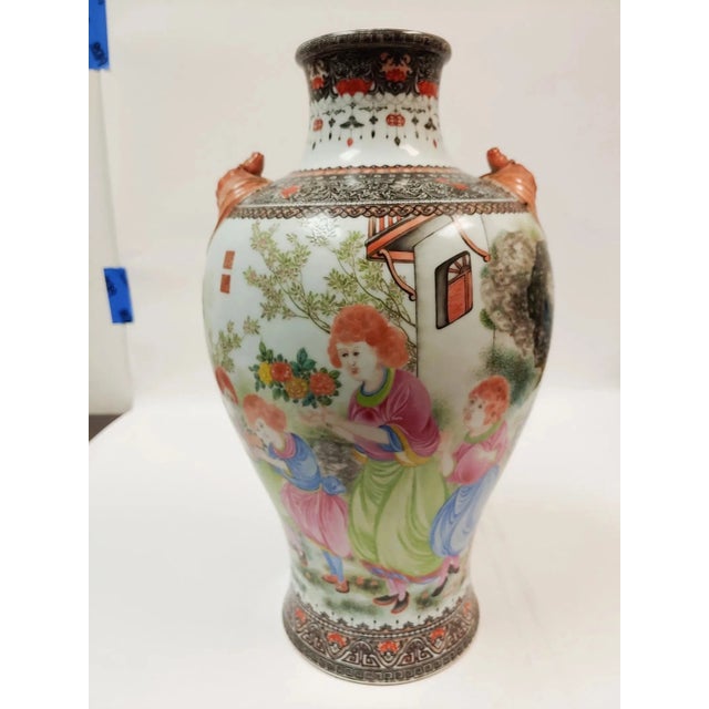 Chinese Large Antique Chinese Famille Rose Porcelain Floor Vase With Figural Scene and Wooden Stand For Sale - Image 3 of 9