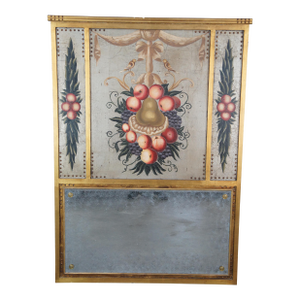 Vintage Italian Fruit & Bird Motif Beveled Glass Over Mantel Trumeau Mirror