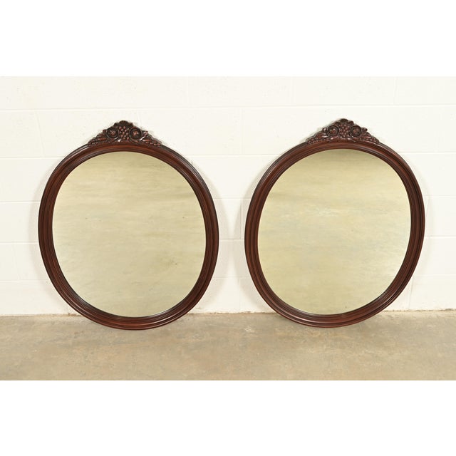 Wood Romweber Style Antique Victorian Carved Mahogany Oval Wall Mirrors, Pair For Sale - Image 7 of 7