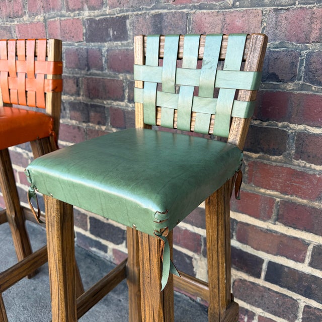 Cabin Pair of Ranch Oak Rustic Leather and Wood Bar Stools For Sale - Image 3 of 12