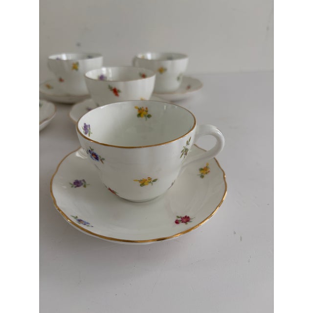 Gustavian (Swedish) Vintage Benporslin Sweden Floral Demitasse Cups & Saucers – Set of 10 White Porcelain With Gold Trim For Sale - Image 3 of 3